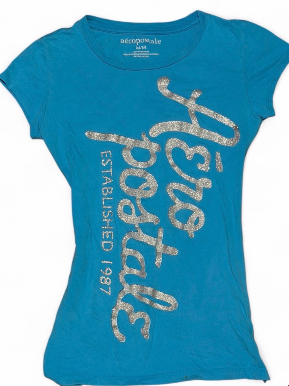 Vintage Y2K Aéropostale Blue Silver Glitter Spellout Baby Tee